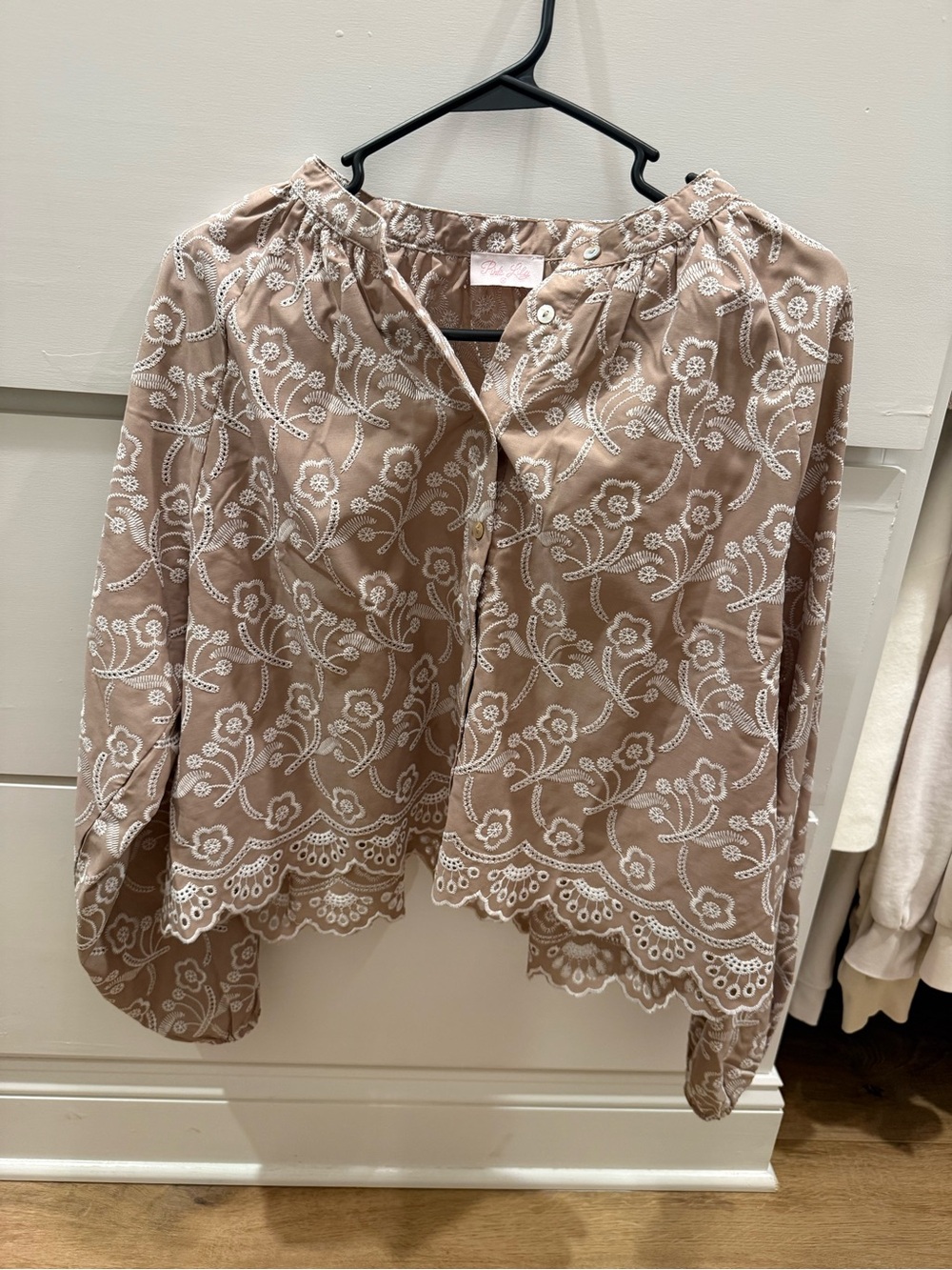 Pink Lily Taupe Embroidered Peasant Blouse